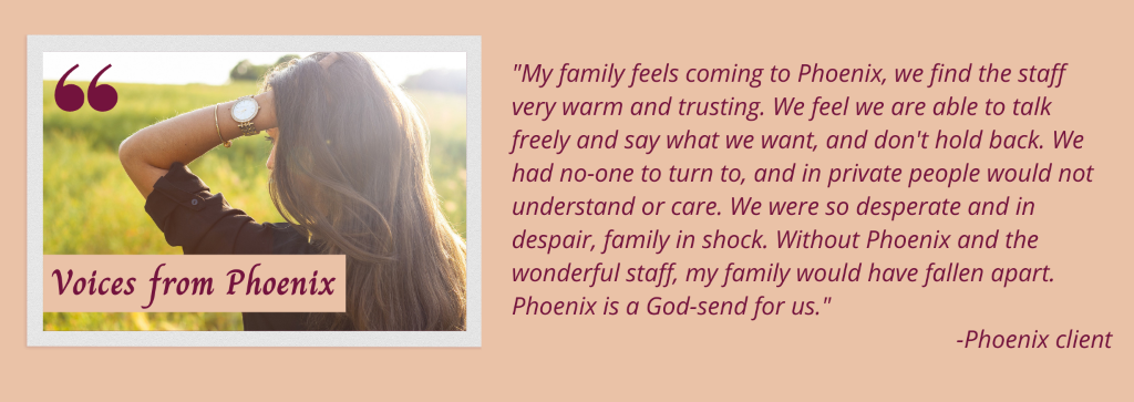 Voices from Phoenix testimonial from phoenix client with picture overset of a woman looking at a field with her hand in her hair.