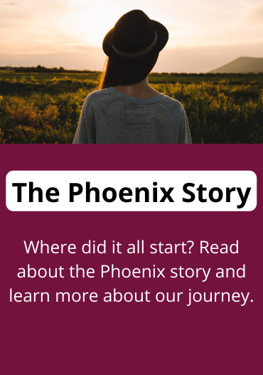 An image of a woman facing the sunset with text overset that reads: Read about the Phoenix story and learn more about our journey.