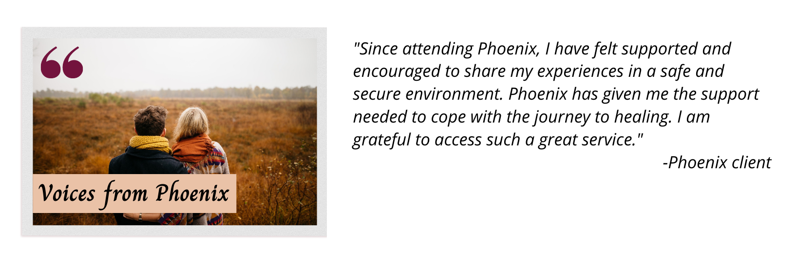 Voices from Phoenix testimonial from phoenix client with picture overset of two women gathering together outside.